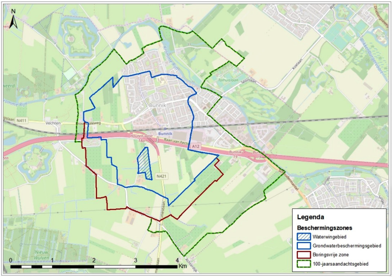 qalead;1Figuur 1: Ter illustratie een overzicht van de beschermingszones bij een drinkwaterwinning in de gemeente Bunnik als voorbeeld.