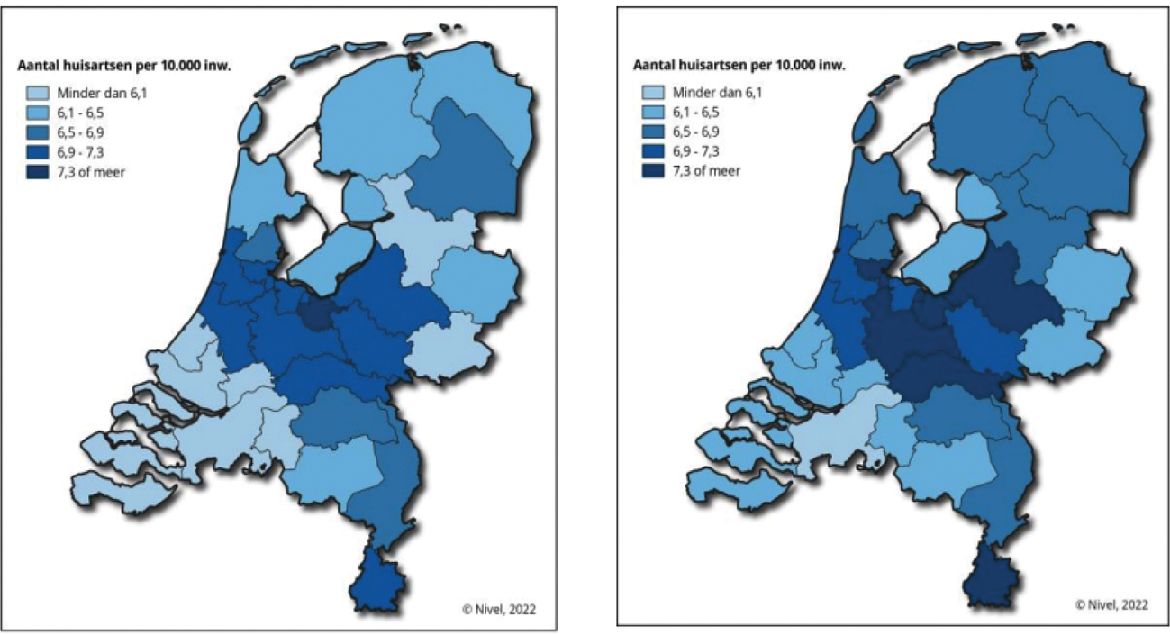 Figuur 2. Huisartsendichtheid naar Regioplus-arbeidsmarktregio in 2020 (links) en 2022 (rechts). 