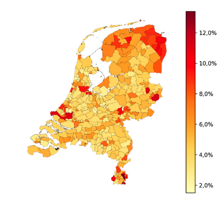 Figuur 1. percentage energiearme huishoudens per gemeenten in 2024 (voorlopige schatting)
