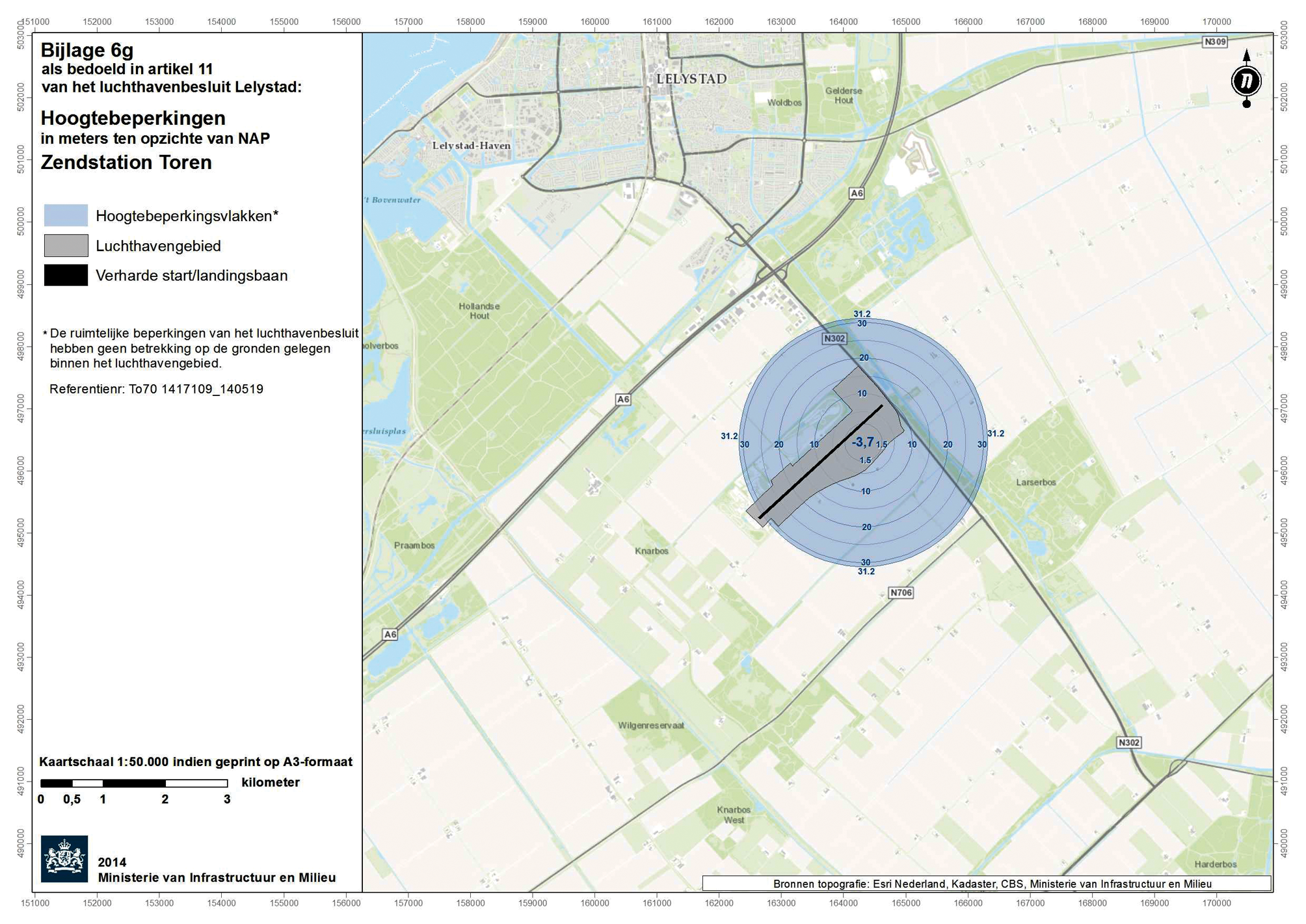 Kaart (1:50.000) met hoogtebeperkingen: Zendstation toren