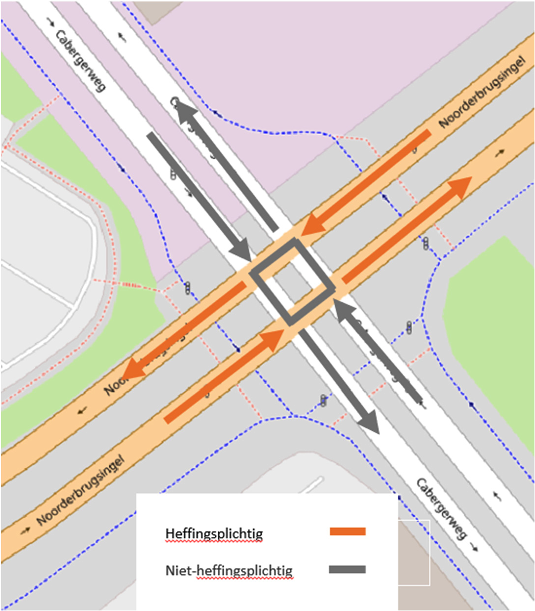 Afbeelding: tussenliggend knooppunt op het heffingsplichtige wegvak Belgische grens – Aansluiting A2 Maastricht Noord.