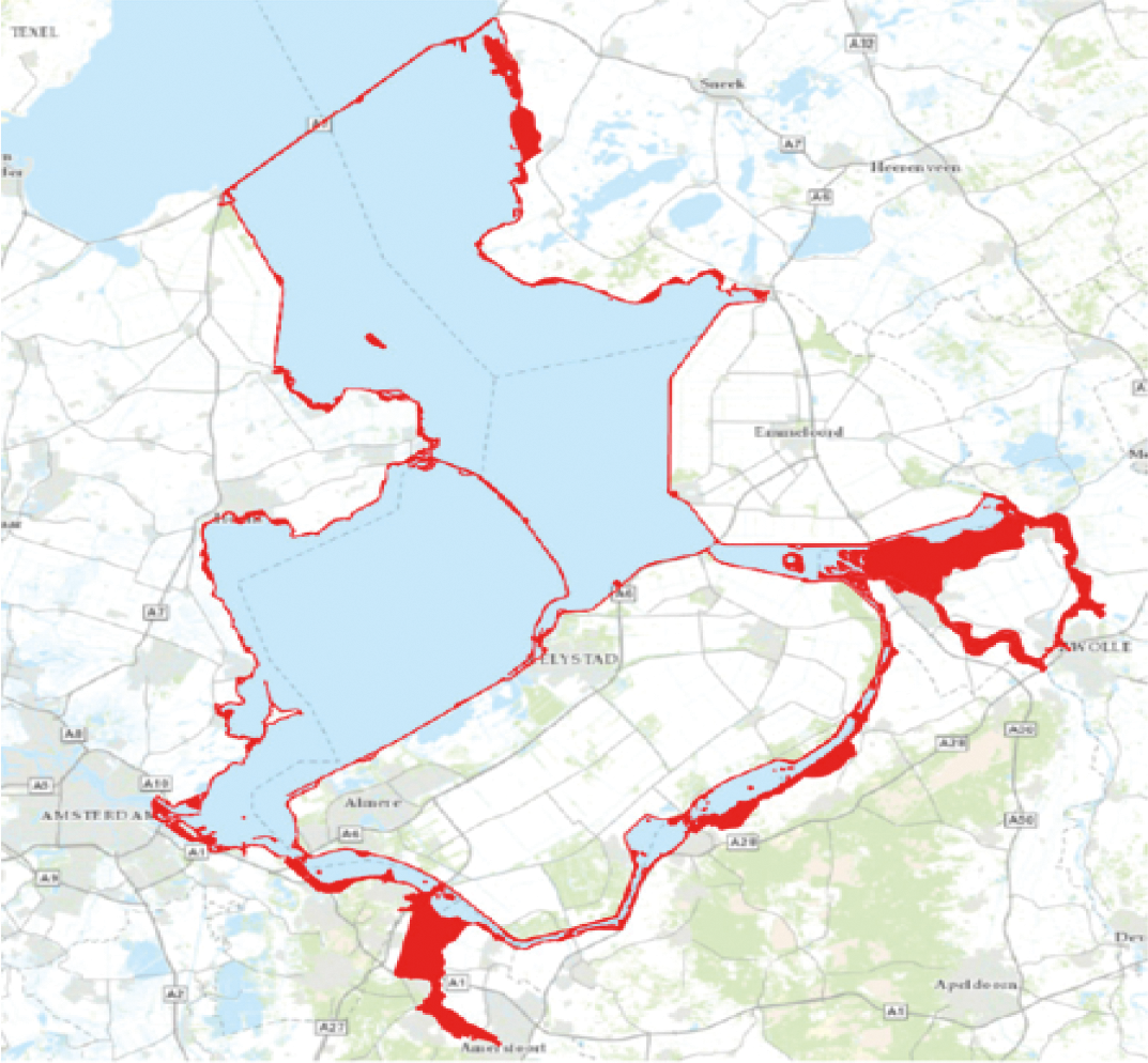 Figuur 4: in rood zijn de buitendijkse gebieden van het IJsselmeergebied aangegeven. Deze gebieden staan onder invloed van het peil van de wateren en zijn niet beschermd door een waterkering.
