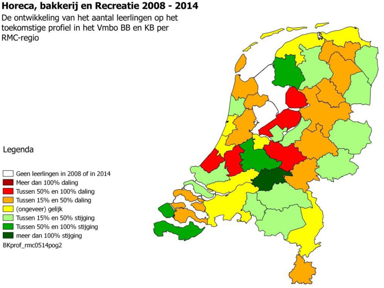 Kaart 3: leerlingendaling profiel Horeca, bakkerij en recreatie 2008–2014
