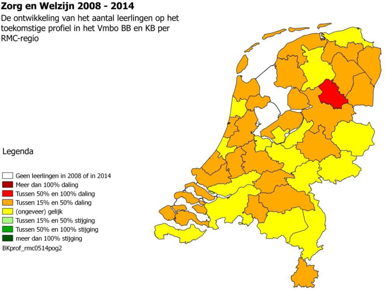 Kaart 4: leerlingendaling profiel Zorg en Welzijn 2008–2014