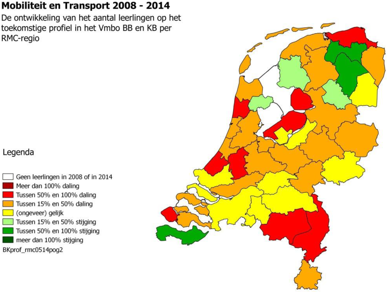 Kaart 9: leerlingendaling profiel Mobiliteit en transport 2008–2014