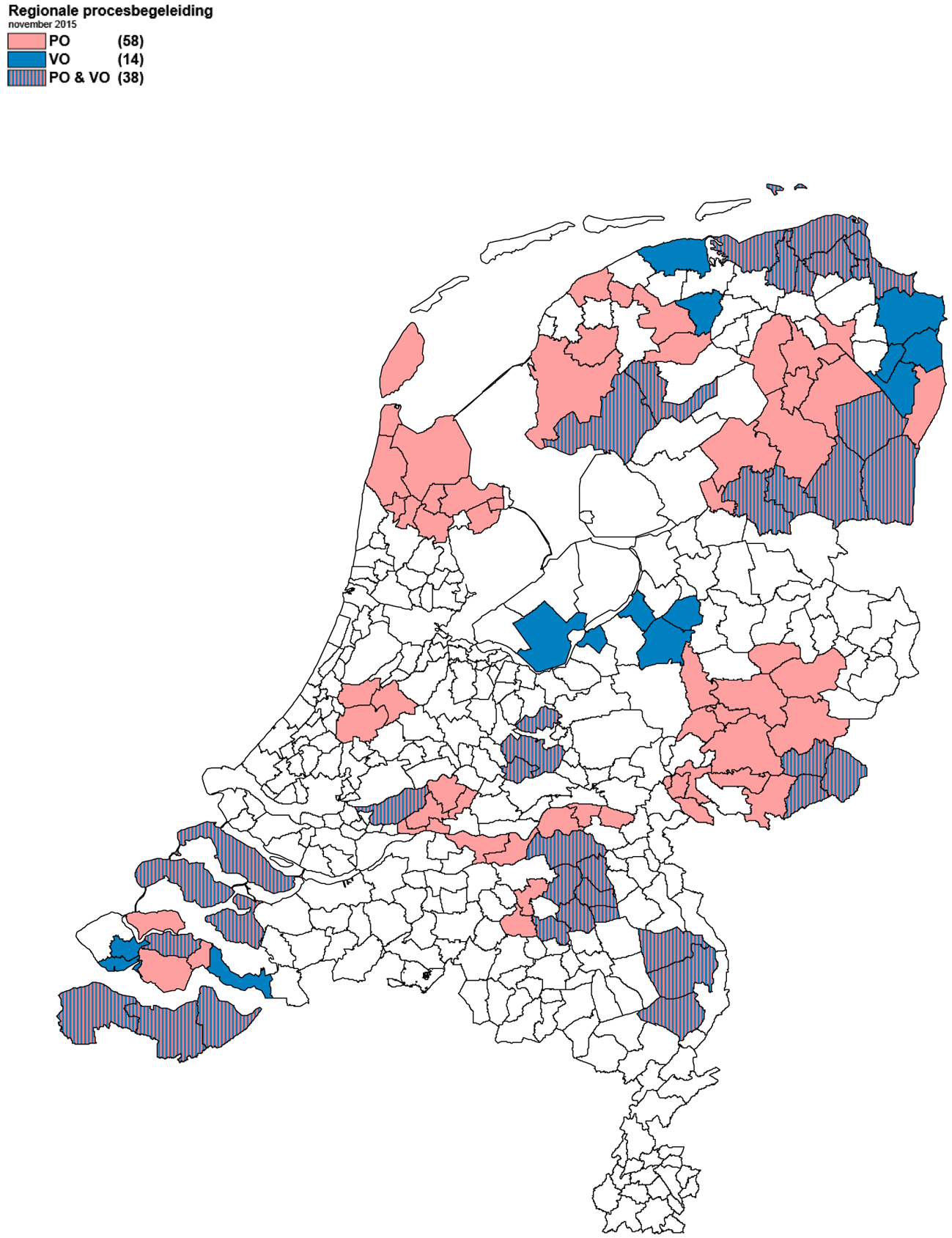 Kaart 28: gemeenten waar een regionaal procesbegeleider actief is afbreekEr zijn nu in totaal 38 regionaal procesbegeleiders