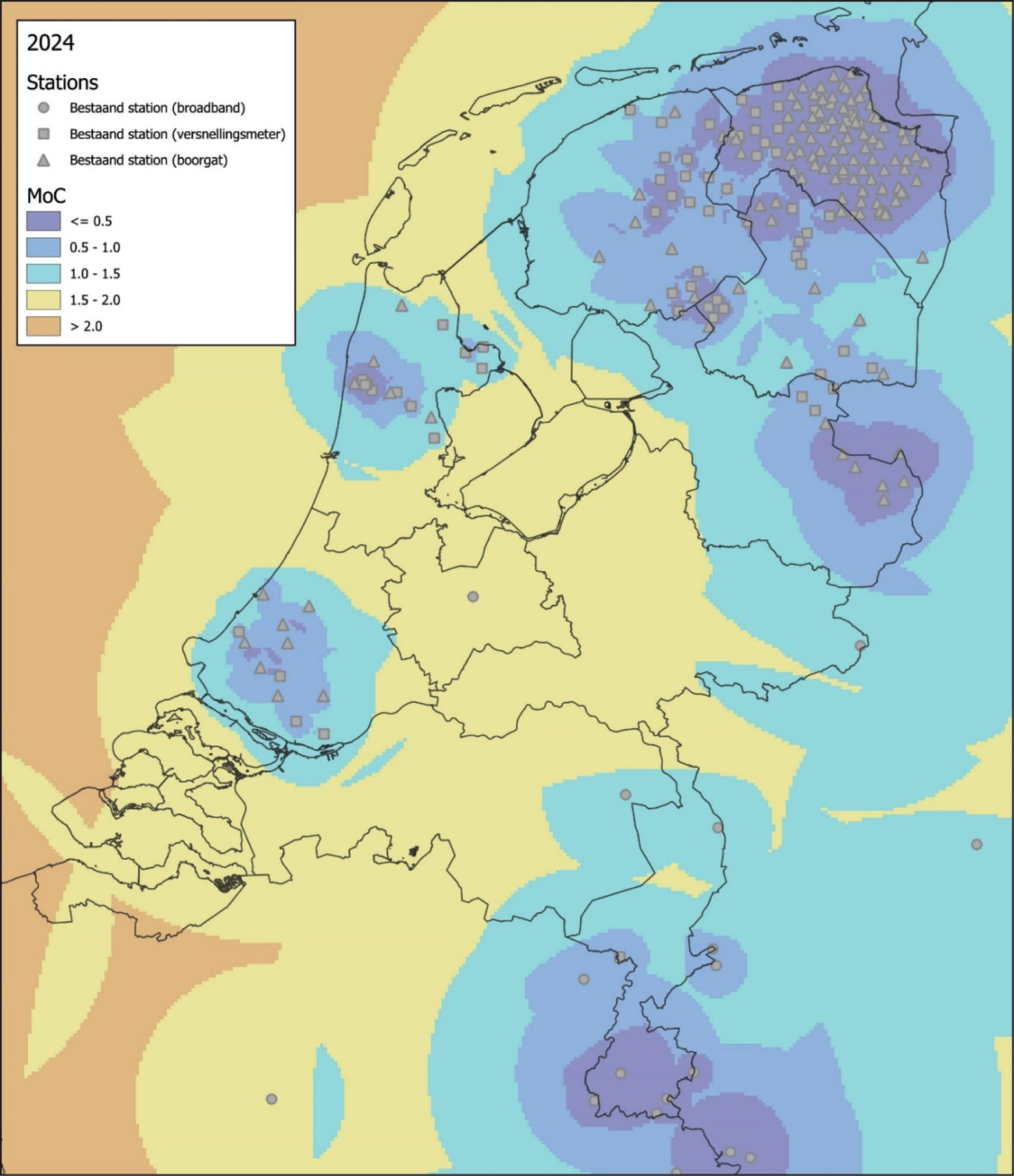 Figuur 1. Magnitude waarboven alle aardbevingen onder gebruikelijke condities gelokaliseerd worden door het meetnet1, situatie september 2024.