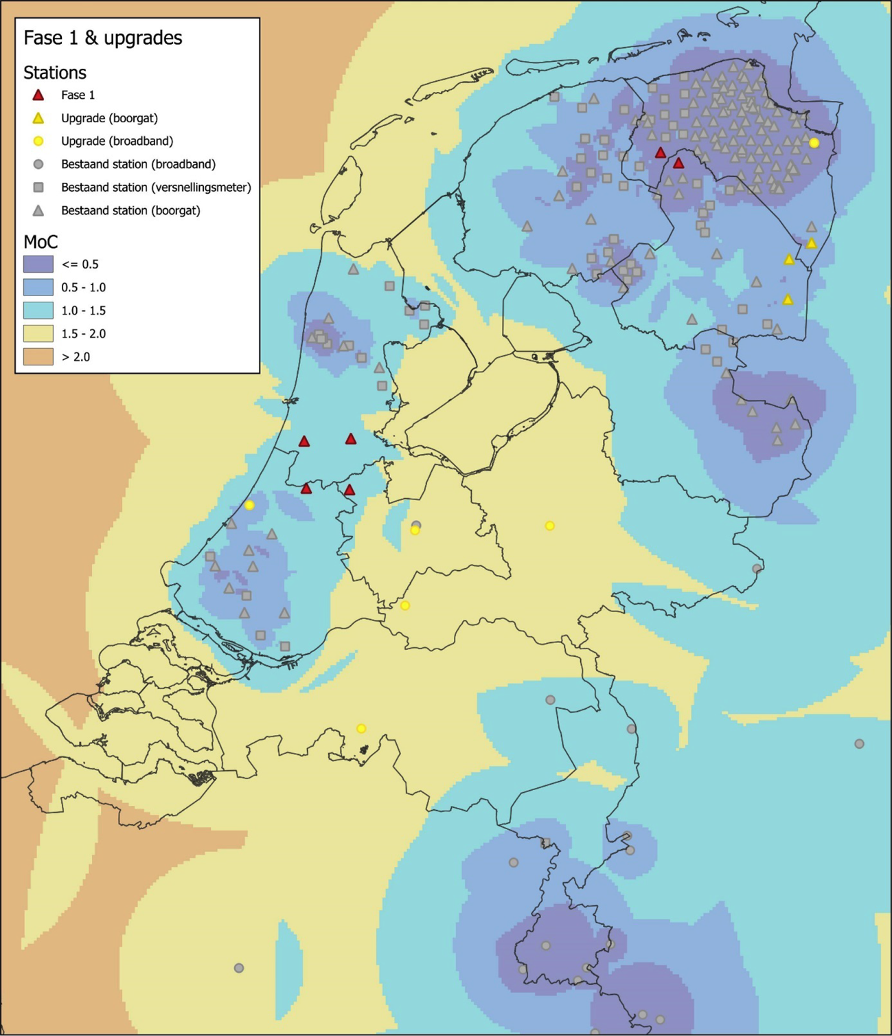 Figuur 2. Magnitude waarboven alle aardbevingen onder gebruikelijke condities gelokaliseerd worden door het meetnet na fase 1. In fase 1 worden stations geïnstalleerd nabij de rode driehoeken. De aangegeven locaties betreffen een zoekgebied voor de nieuwe locaties en niet de exacte positie.