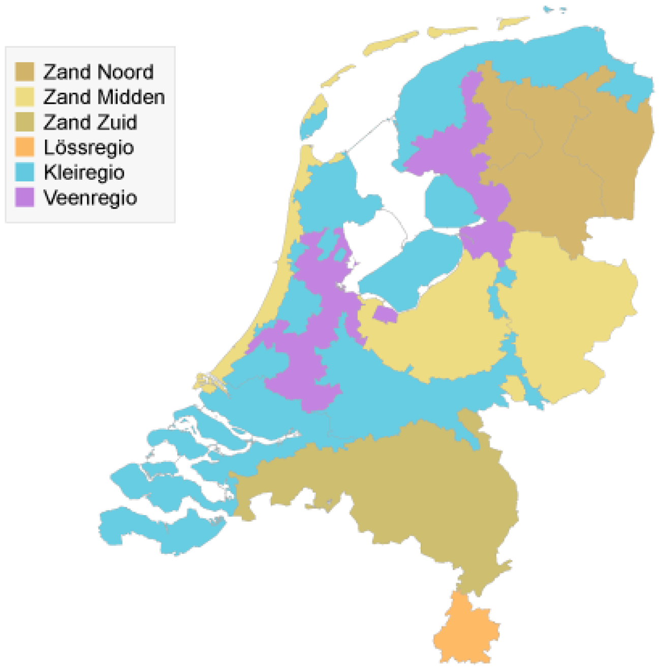 Figuur 1: Nederland met de vier grondsoortregio’s, waarbij de zandregio is onderverdeeld in de zandgebieden Noord, Midden en Zuid (bron: www.rivm.nl).