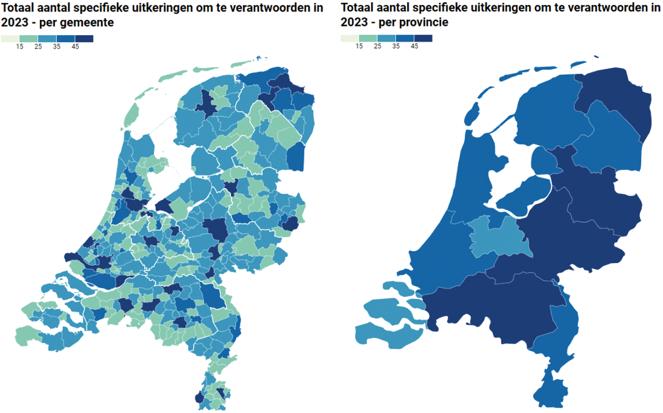 Figuur 3 en Figuur 4: Totaal aantal specifieke uitkeringen om te verantwoorden in 2023, per gemeente en per provincie