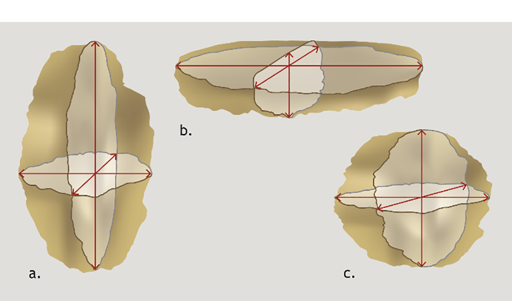 Figuur 6: Wanneer grond een aggregaatstructuur heeft, is de vorm van de aggregaten een van de aspecten die beschreven worden. Er wordt onderscheid gemaakt tussen prima’s (a), platen (b) en blokken (c).