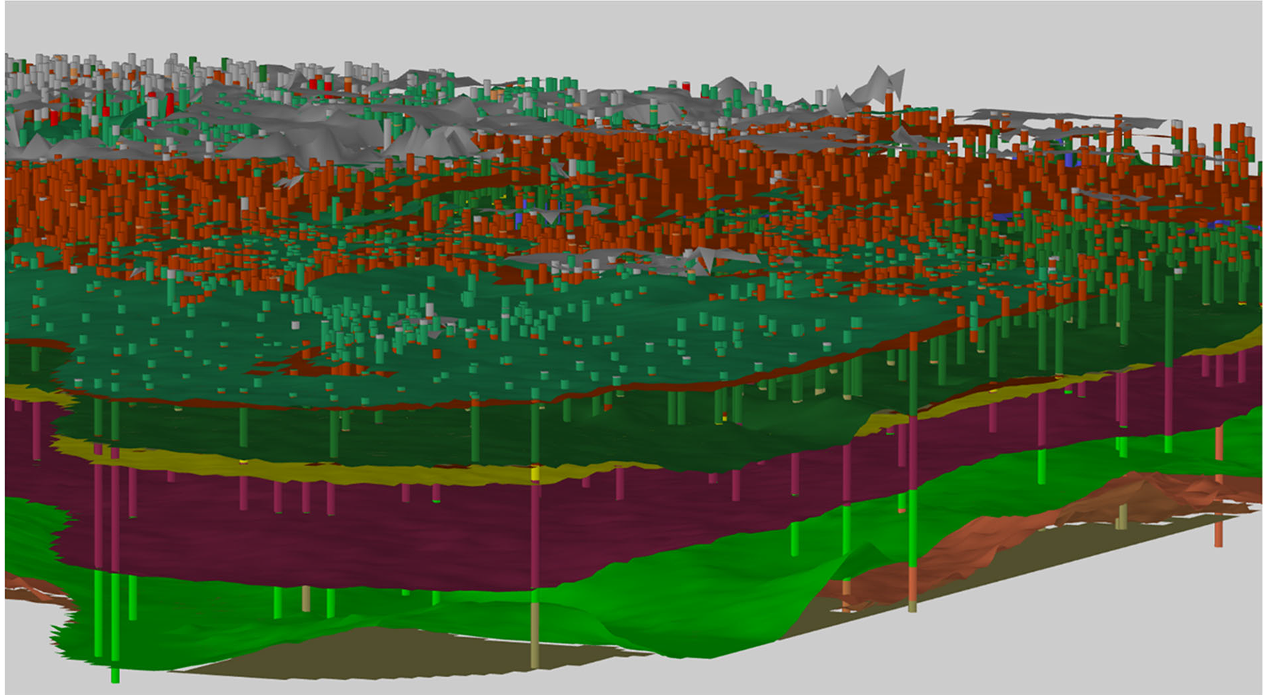 Figuur 3.2: 3D weergave van een lagenmodel gebaseerd op de geïnterpreteerde boormonsterbeschrijvingen van Figuur 3.1. Van het lagenmodel zijn alleen de basisvlakken weergegeven. Elk basisvlak is het resultaat van een ruimtelijke interpolatie van de in de boormonsterbeschrijvingen aangetroffen basissen van de betreffende geologische eenheid.