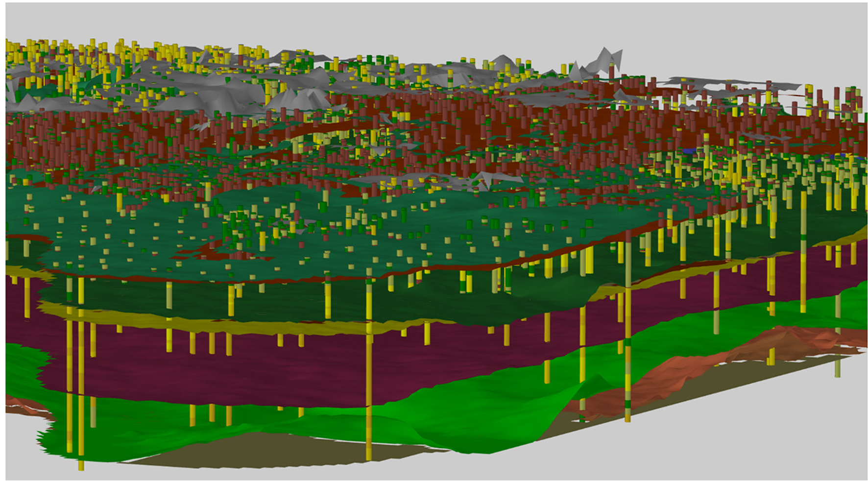 Figuur 3.3: 3D weergave van het lagenmodel van Figuur 3.3 waarbij de kleuren in de boormonsterbeschrijvingen nu de lithoklasse weergeven.