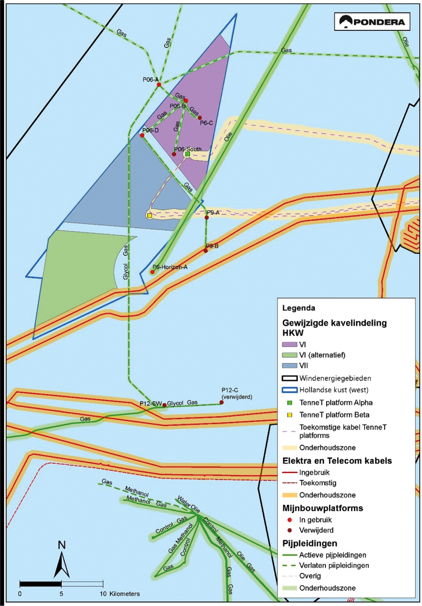 Figuur 6: Schematisch overzicht kabels- en leidingen in het gebied Hollandse Kust (west). Behalve kavel VI zijn in de figuur ook de voorgestelde kavel VII en het verkavelingsalternatief voor kavel VI weergegeven.