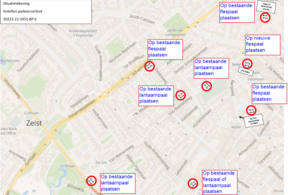 Situatietekening met daarop aangegeven waar de bebording wordt geplaatst