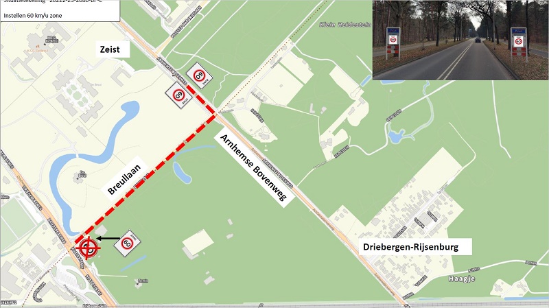 Afbeelding met een kaart van de Arnhemse Bovenweg en Breullaan in Zeist. 