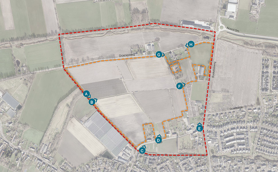 Ligging van het visiegebied (rode stippellijn) en Wvg-gebied (oranje stipellijn) over een luchtfoto