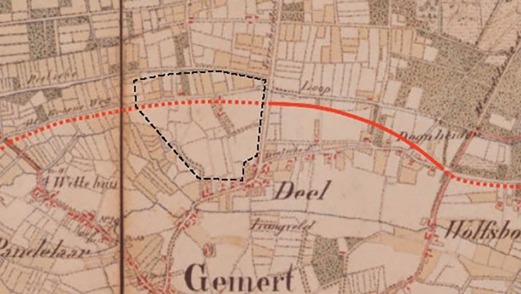 Mogelijke ligging van landweer (gestippeld), aangeduid op een historische kaart van anno 1837