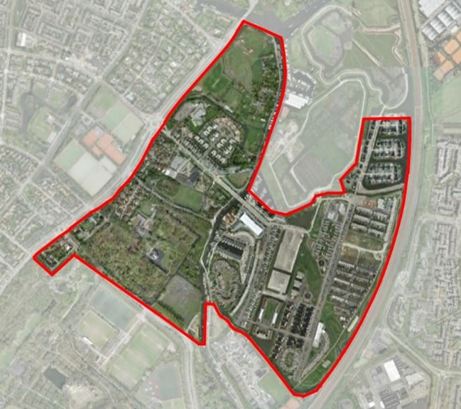Afbeelding met begrenzing van het wijzigingsgebied door middel van een rode lijn