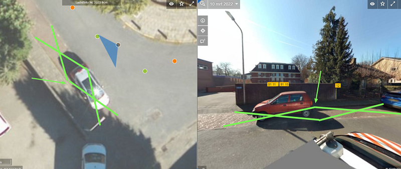 Luchtfoto Bleumenheuvellaan met groen kruis waar e-laadpalen worden geplaatst