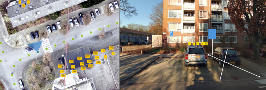 Links luchtfoto gehandicaptenparkeerplaats en rechts kruis over de parkeerplek