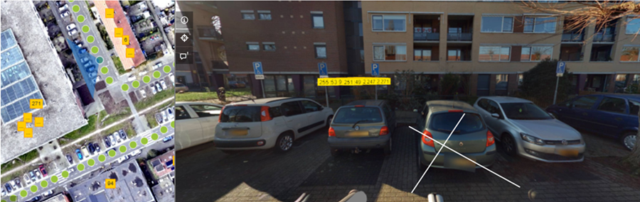 Links luchtfoto en rechts kruis over bedoelde gereserveerde parkeerplek