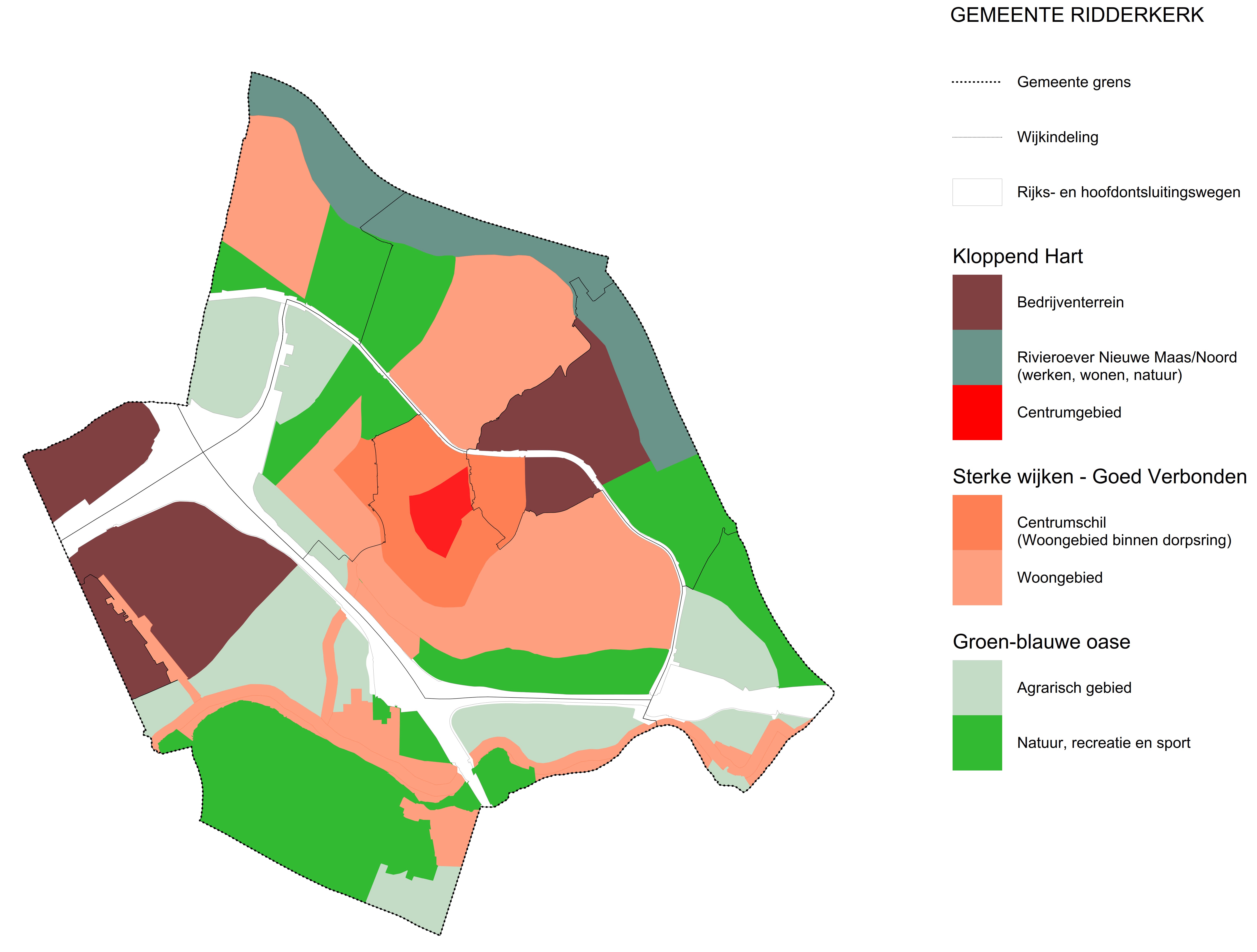 De kaart weergeeft de gebiedsindeling van de gemeente Ridderkerk voor de omgevingsvisie. Onder de kernwaarde kloppend hart vallen de gebieden bedrijventerrein, de Rivieroever Nieuwe Maas/Noord en het centrumgebied. Onder de kernwaarde sterke wijken, goed verbonden vallen de gebieden centrumschil (dat is het woongebied buiten de dorpsring) en het woongebied). Onder de kernwaarde 'groenblauwe oase' vallen de gebieden agrarisch gebied en natuur, recreatie en sportgebieden.