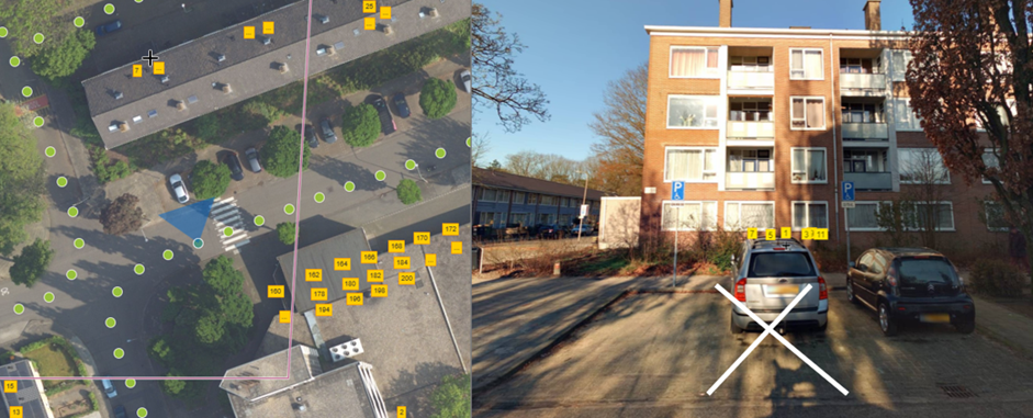 Situatieschets van de Albert C. Kerkhofflaan 148, bestaande uit een luchtfoto met genummerde punten en een foto van een parkeerplaats voor een appartementencomplex. Op de luchtfoto zijn bomen en parkeerplaatsen gemarkeerd; op de foto is één parkeerplek gemarkeerd met een wit kruis.