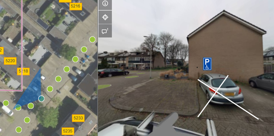 Links luchtfoto en rechts kruis over beoogd gehandicaptenparkeerplaats