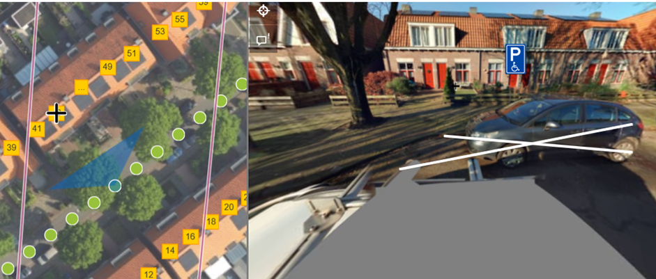 Links luchtfoto en rechts kruis over beoogd gehandicaptenparkeerplaats Dr. Schaepmanlaan 43