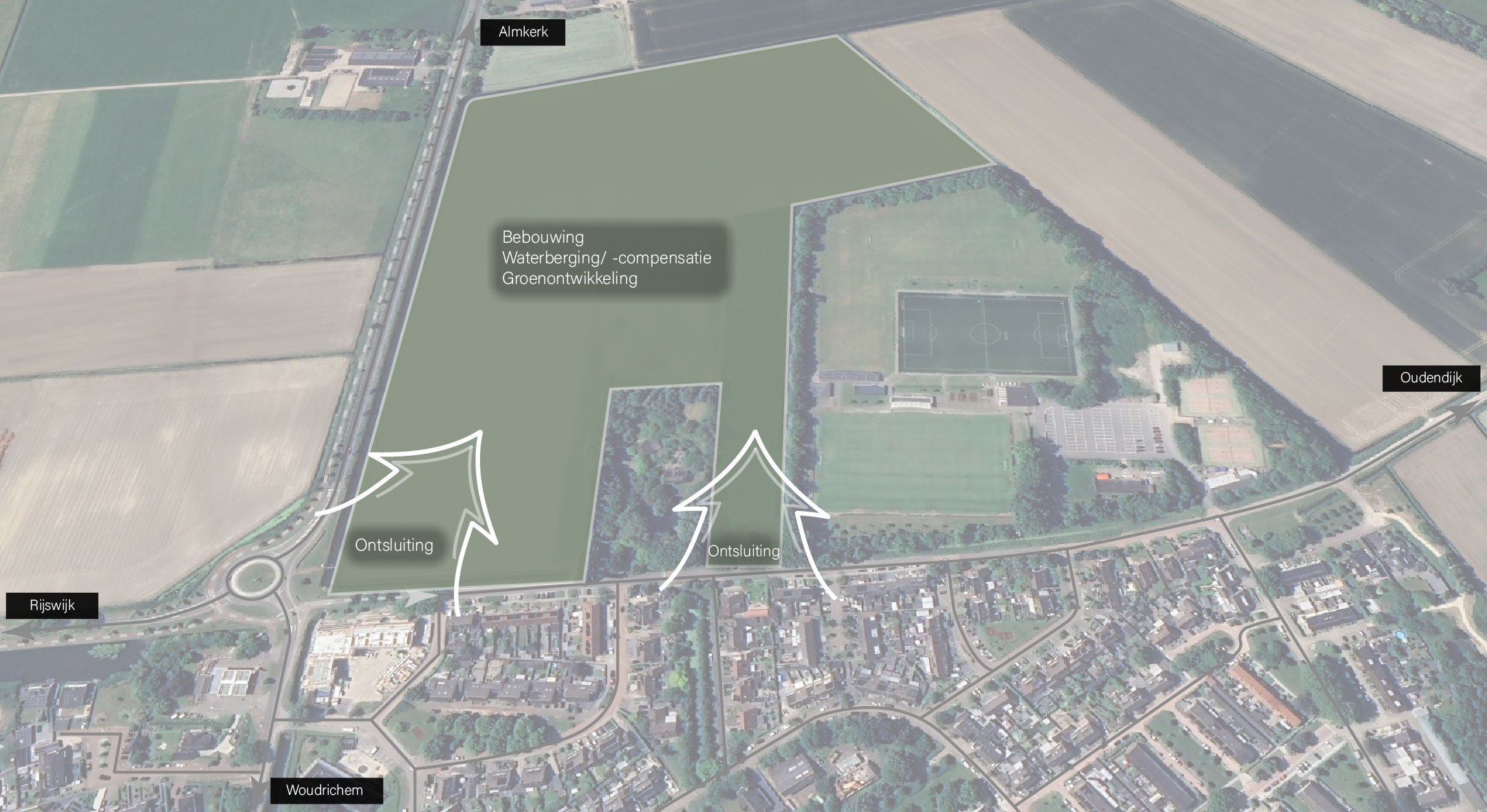 Deze afbeelding laat de uitgangspunten voor toekomstige ontwikkelingen zien. Woudrichem-Zuid is groen gekleurd en toont aan waar de bebouwing, waterberging en compensatie en groenontwikkeling plaats gaat vinden. Er zijn twee mogelijkheden voor aansluitingen voor snelverkeer ingetekend vanaf de bestaande rotonde en aan de rand met het sportcomplex.