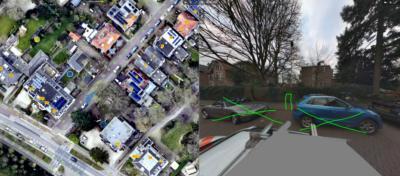 Links luchtfoto en rechts 2 getekende groene lijnen over de plek waar de e-laadpalen komen bij Steniaweg 2