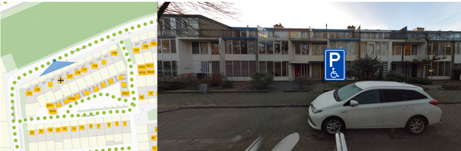 Links plattegrond en rechts foto van gereserveerde gehandicaptenparkeerplaats