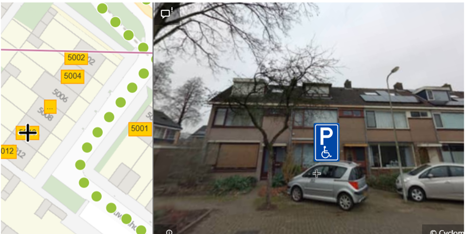 Links een plattegrond en rechts foto van gereserveerde gehandicaptenparkeerplaats