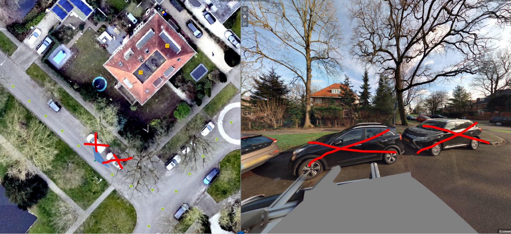 Links bovenaanzicht en rechts zijiaanzicht 2 parkeerplaatsen t.h.v. Kersbergenlaan 14