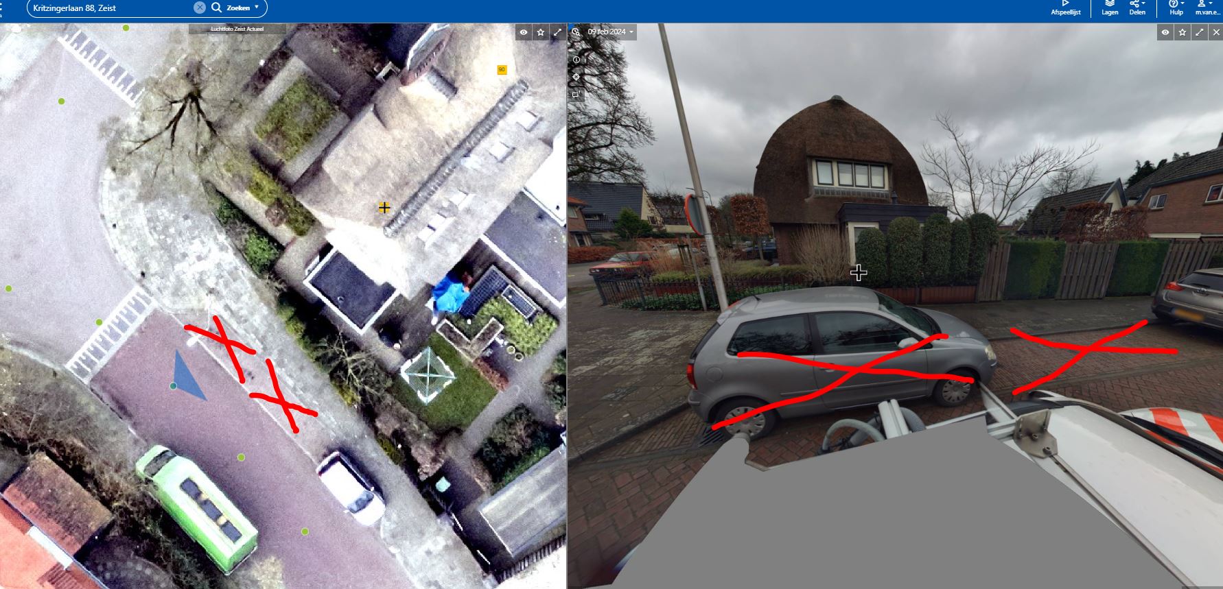 Links bovenaanzicht en rechts zijaanzicht 2 parkeerplaatsen t.h.v. Kritzingerlaan 88