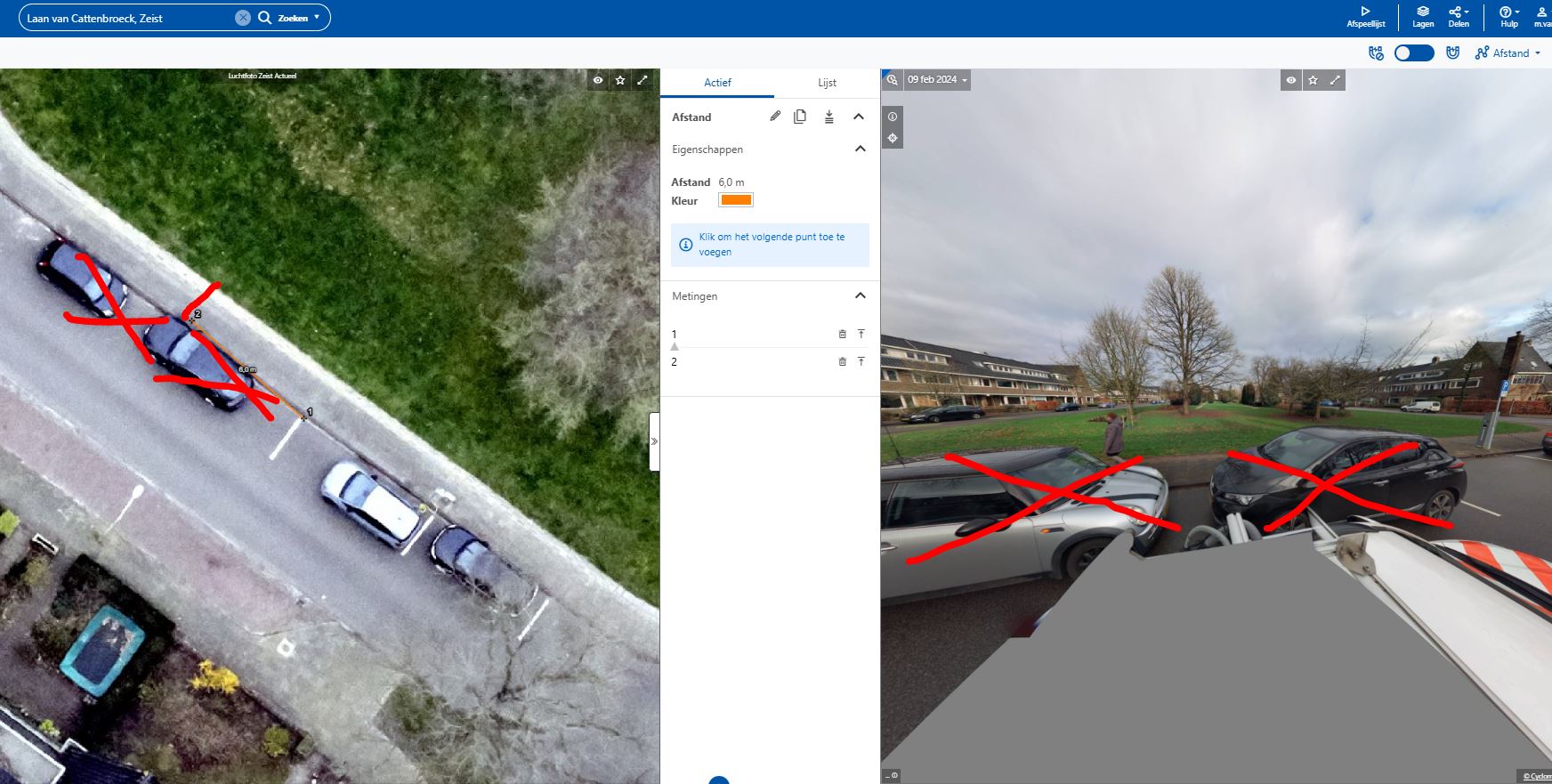 Links bovenaanzicht en rechts zijaanzicht 2 parkeerplaatsen t.h.v. Laan van Cattenbroeck 43