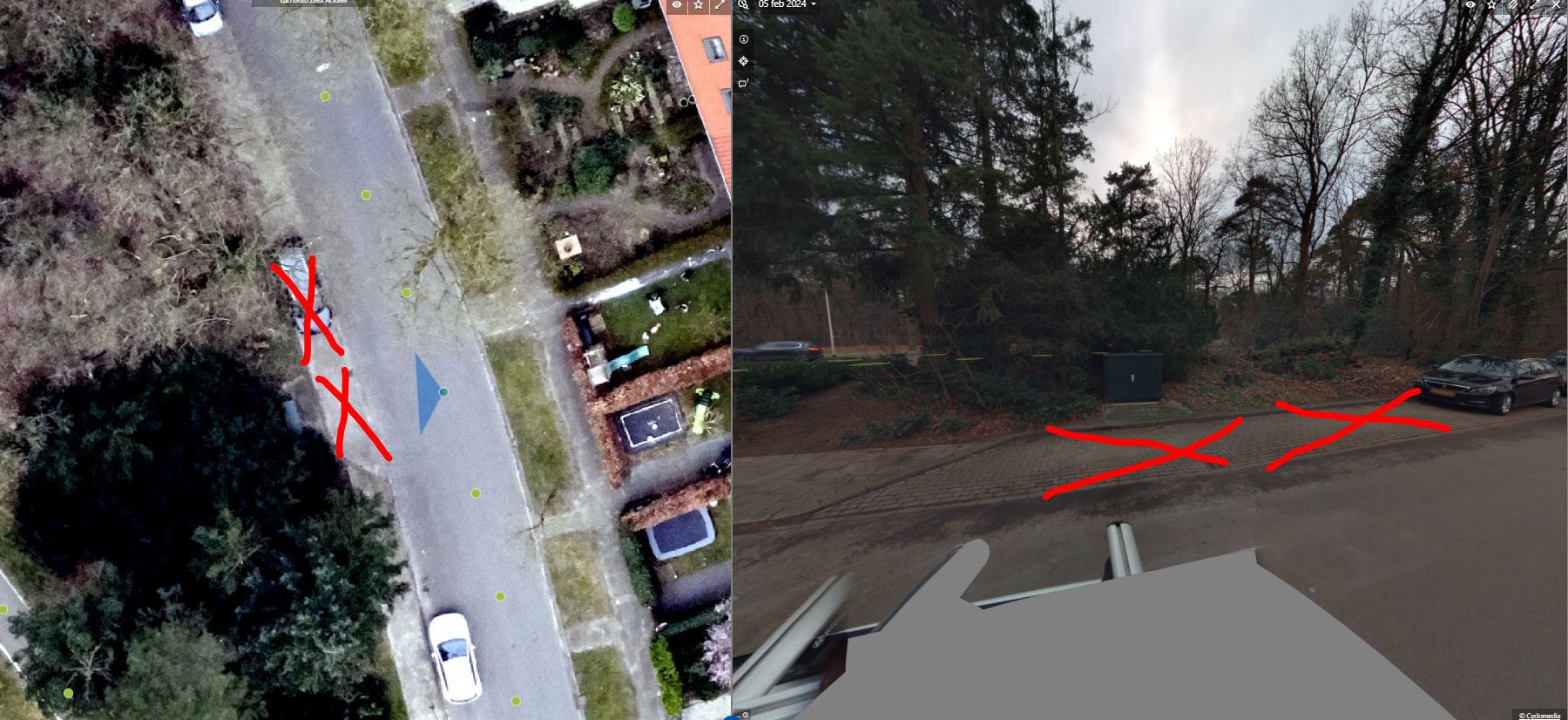 Links bovenaanzicht en rechts zijaanzicht 2 parkeerplaatsen t.h.v. Louise de Collignyplein 30