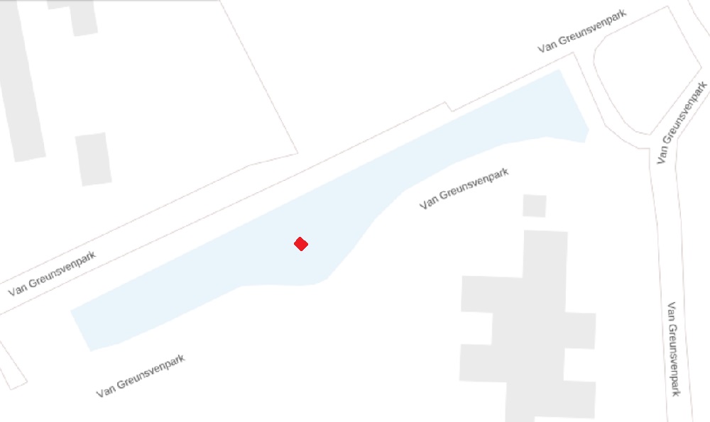 Met een rode markering is de locatie van de stoeptegel in het Van Greunsvenpark inVlijmen aangegeven.