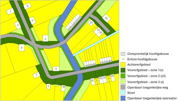 Weergave van een woongebied met daarin aangegeven hoe de opdeling in zones voor het voorerfgebied en achtererfgebied is geregeld.
