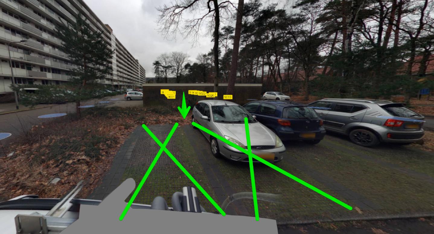 2 groene kruisen op parkeerplaatsen waar laadpaal wordt geplaatst