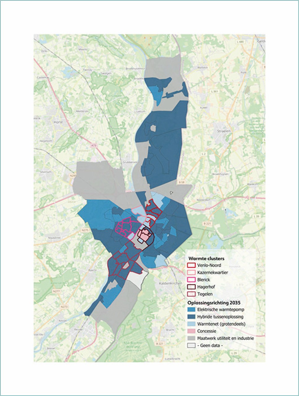 Kaart van Venlo die de beoogde tussenoplossing voor 2035 per gebied (Venlo-Noord, Kazernekwartier, Blerick, Hagerhof, Tegelen) toont met eindoplossingen zoals een warmtepomp, warmtenet of maatwerk.