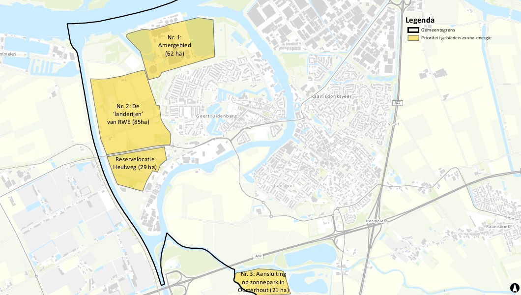 kaart met overzicht van zoeklocaties zonne energie in de gemeente