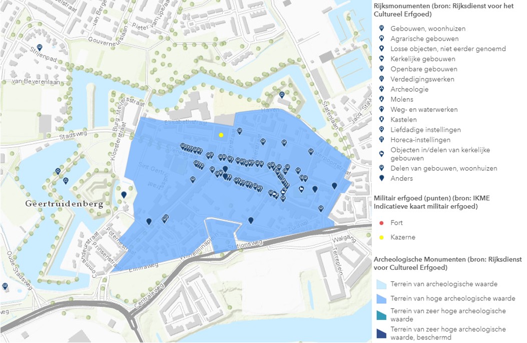 kaart met beschrijving historische waarden in het centrum van Geertruidenberg