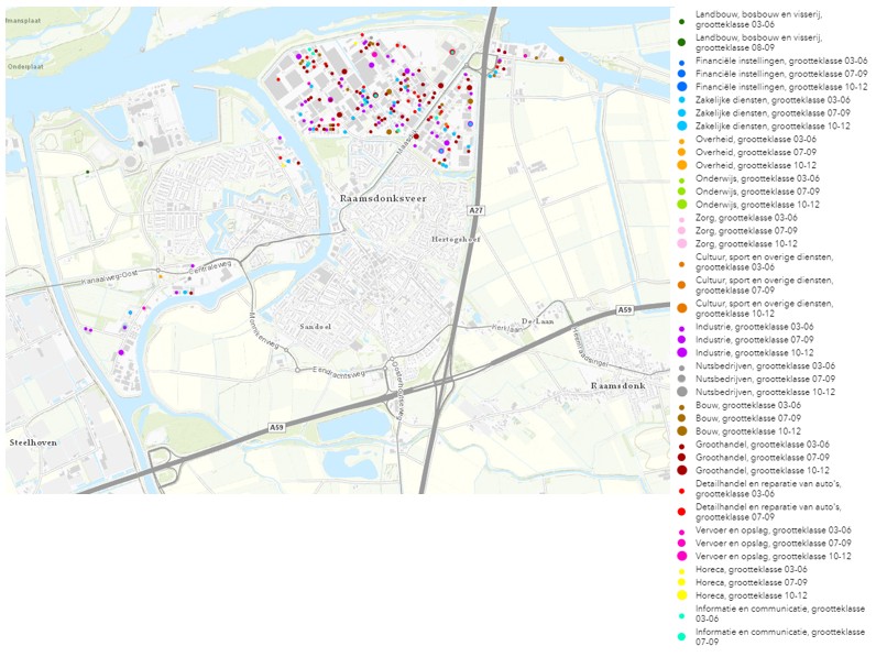 kaart met type bedrijven op bedrijventerreinen