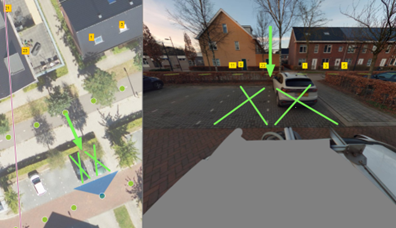 Links luchtfoto Evenaar 1 en rechts 2 groene kruisen waar de gereserveerde parkeerplaatsen komen