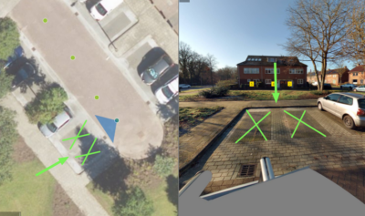 Links luchtfoto Archipel 4 met rechts twee goene kruisen over gereserveerde parkeerplaatsen