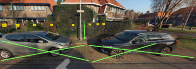 Twee groene kruisen over gereserveerde parkeerplaatsen Nepveulaan