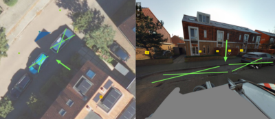 Links luchtfoto Van der Heijdenlaan en rechts twee groene kruisen over gereserveerde parkeerplaatsen