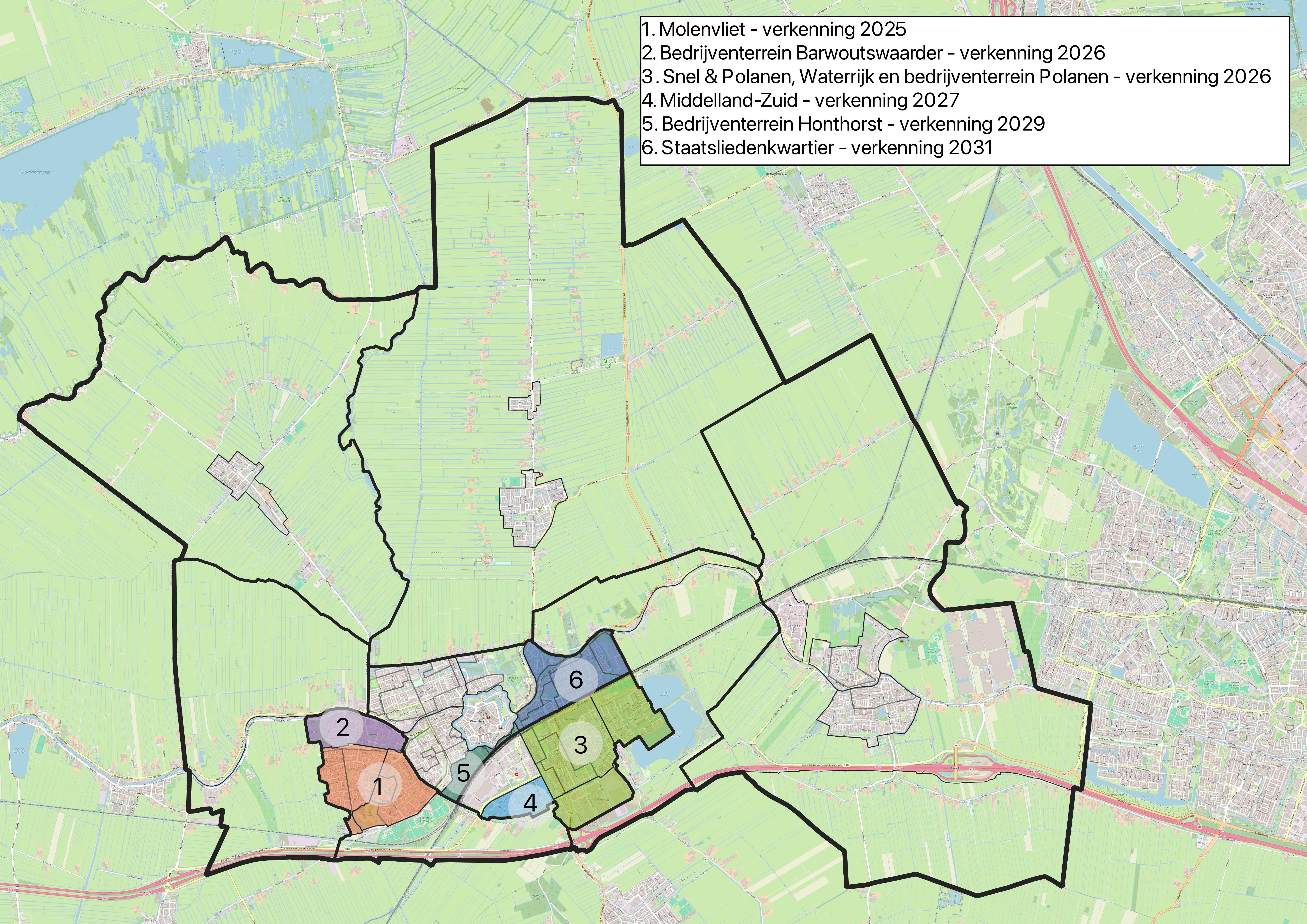 Een kaart van de gemeente Woerden. Op de kaart staan gebieden waar de gemeente gaat starten met het opstellen van een uitvoeringsplan: 1. Molenvliet - verkenning 2025 2. Bedrijventerrein Barwoutswaarder - verkenning 2026 3. Snel & Polanen, Waterrijk en bedrijventerrein Polanen - verkenning 2026 4. Middelland-Zuid - verkenning 2027 5. Bedrijventerrein Honthorst - verkenning 2029 6. Staatsliedenkwartier - verkenning 2031.